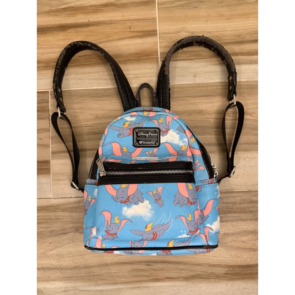 Disney Parks Loungefly Dumbo Flying Clouds Mini Backpack Blue Faux Leather Bag